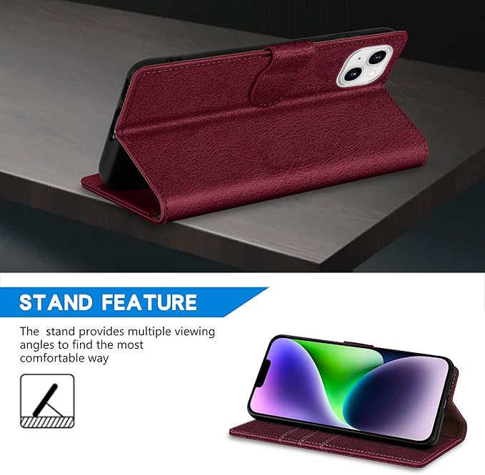 ZZXX for iPhone 14 Plus Wallet Case with [RFID Blocking] Card Slot Kickstand Magnetic Closure Leather Flip Fold Protective Phone Case for iPhone 14 Plus Case Wallet(Wine Red-6.7 inch)