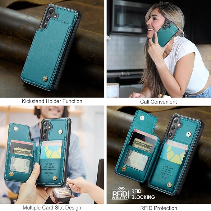 Vinich for Samsung Galaxy S24 Plus Wallet Case with Card Holder, RFID Blocking Credit Slots Kickstand Shockproof Phone Cover for Women Men, Bluish Green