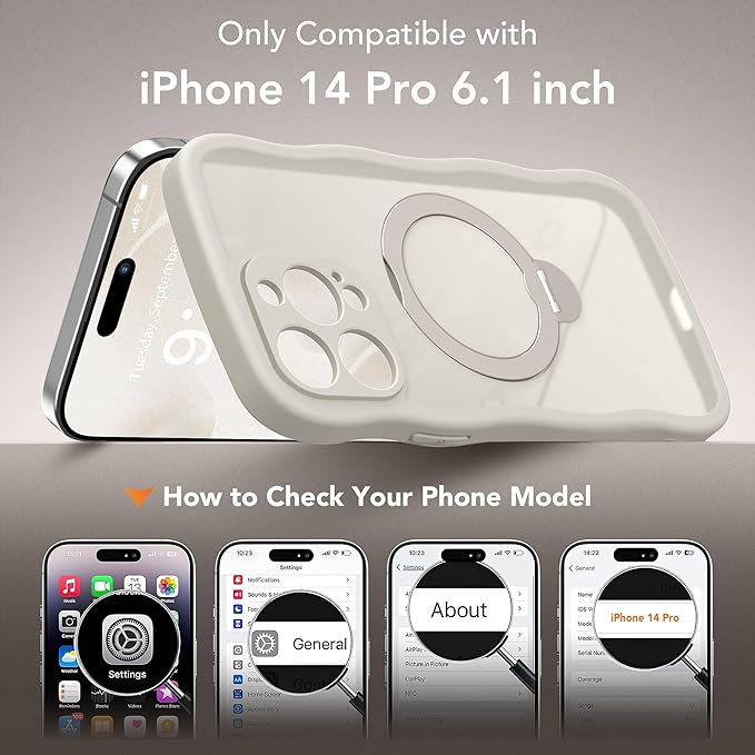 GolbinBox for iPhone 14 Pro Case for Women,[Compatible with Magsafe][360° Spin Magnetic Stand][Cute Wave Edge][Military-Grade Protection] Translucent Matte Phone Case for iPhone 14 Pro, Stone