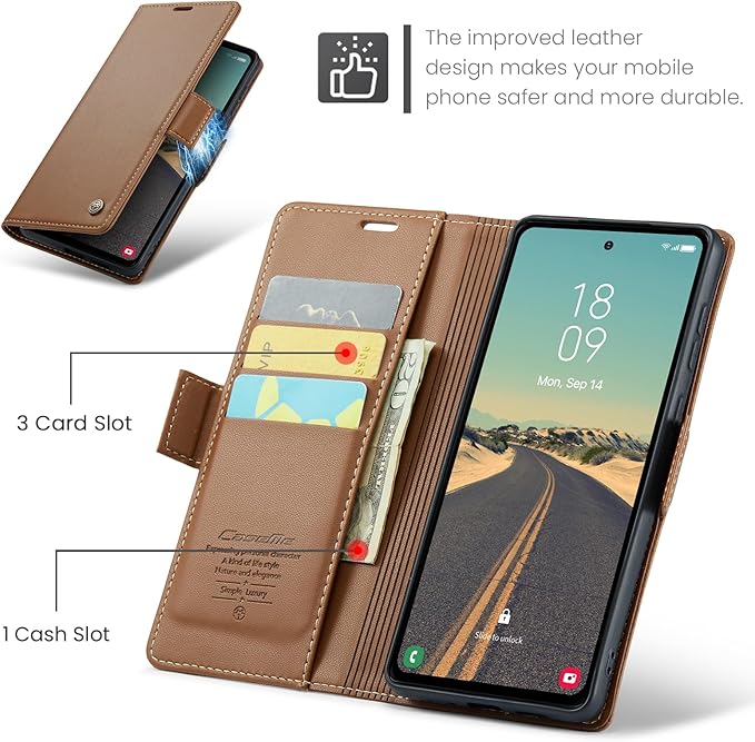 Case for Samsung Galaxy S23 FE Wallet Case, RFID Blocking PU Leather Flip Folio Cover Card Holder Kickstand Shockproof Phone Case Compatible with Samsung Galaxy S23 FE, Brown