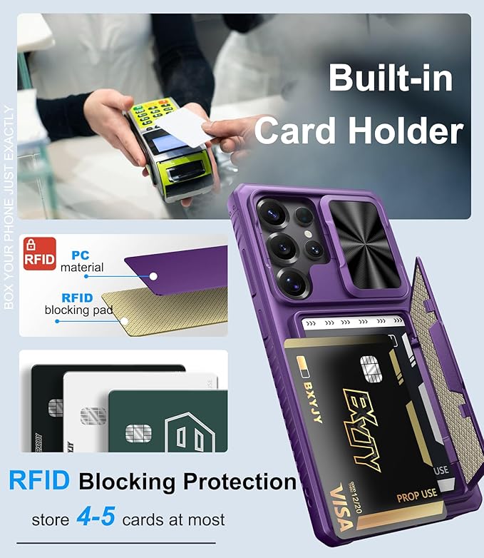 for Samsung Galaxy S25 Ultra Wallet Case, Card Holder (4-5 Cards), RFID Block, Slide Camera Cover & Military Grade Drop, Hard Heavy Duty Men Women Phone Case for Samsung Galaxy S25 Ultra, Purple