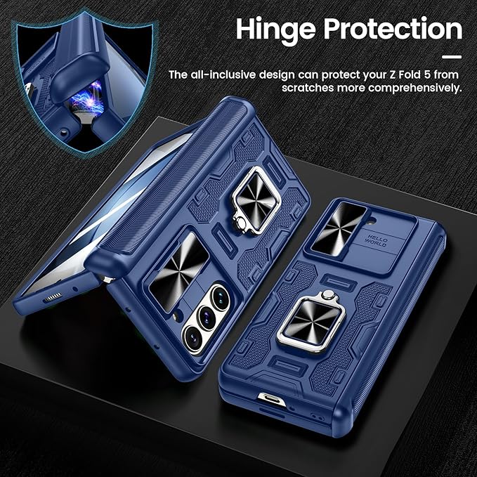 VEGO for Galaxy Z Fold 5 Case with Kickstand, Hinge Protection & Belt Clip Holster & Front Screen Protector & Slide Camera Cover Magnetic Kickstand Cover - Blue