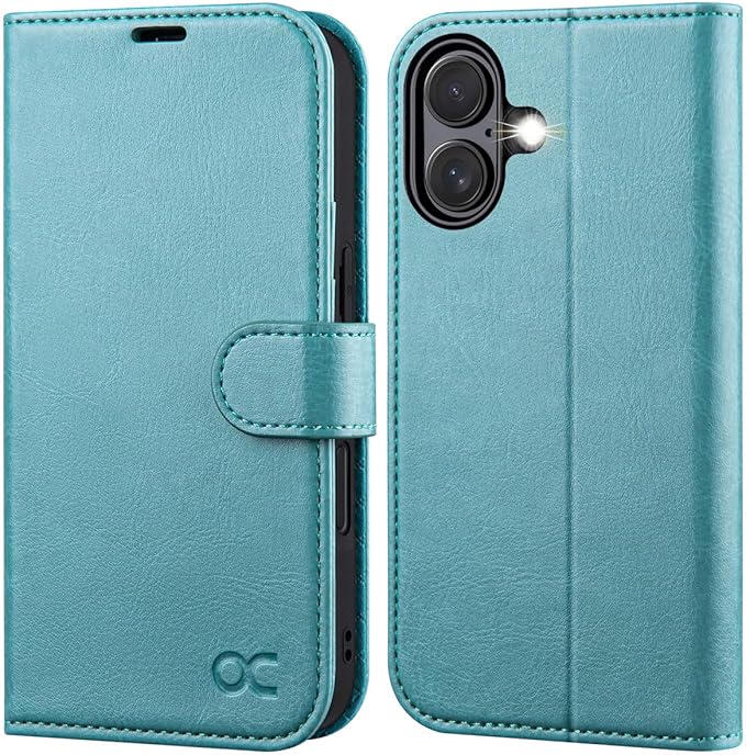 OCASE Compatible with iPhone 16 Wallet Case, PU Leather Flip Folio Case with Card Holders RFID Blocking Kickstand [Shockproof TPU Inner Shell] Phone Cover 6.1 Inch 2024, Ice Blue