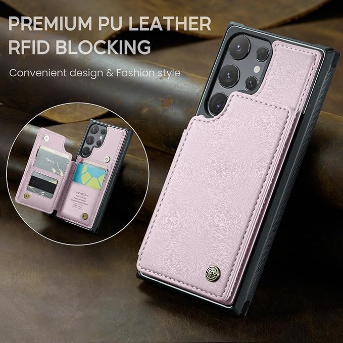 Vinich for Samsung Galaxy S25 Ultra Wallet Case with Card Holder, RFID Blocking Credit Slots Kickstand Shockproof Phone Cover for Women Men, Pink