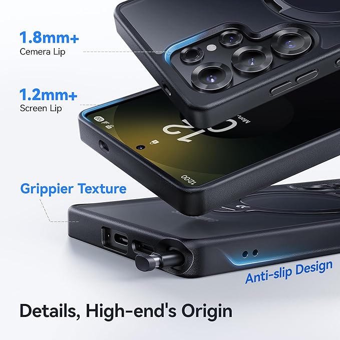 CASEKOO Patented 360° Spin Magnetic Stand for Samsung Galaxy S25 Ultra Case [18FT Military Drop Protection] [Compatible with MagSafe] Matte Translucent Slim S25 Ultra Case 6.9'' 2025, Black