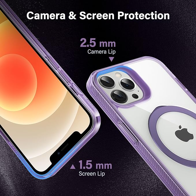 Magnetic Case for iPhone 12 Pro Max - [Built-in Invisible Stand] [Compatible with MagSafe] [Military Grade Drop Protection] Anti-Yellowing Hard Back Silicone Edge Cover, 6.7", Clear Purple