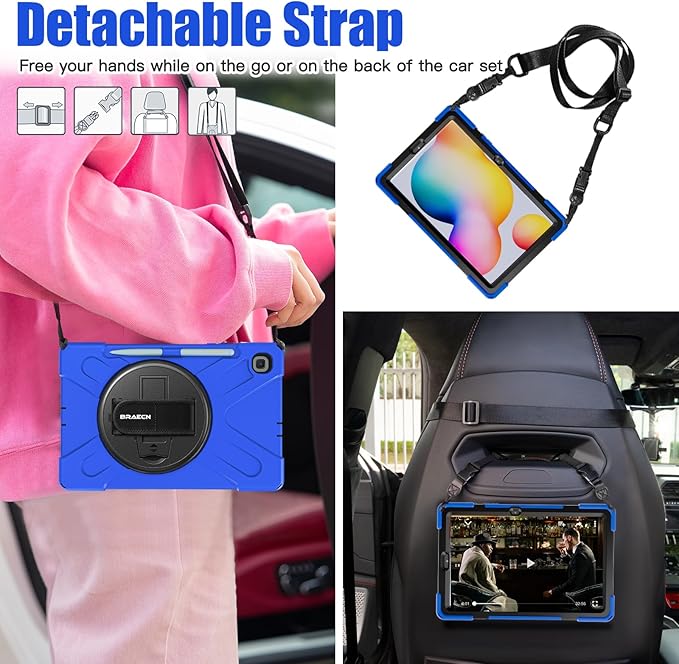 BRAECNstock Case for Samsung Galaxy Tab S6 Lite 10.4 Inch 2024/2022/2020 (SM-P620/P610/P619) Shockproof Protective Cover with Rotating Hand Strap Kickstand Pen Holder Galaxy S6 Lite Kids Case - Blue