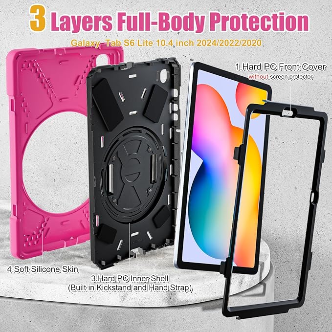 BRAECNstock for Samsung Galaxy Tab S6 Lite Case 10.4 inch 2024/2022/2020 (SM-P620/P610/P615/P619) Shockproof Protective Tab S6 Lite Case Kids with Pencil Holder Rotating Stand & Hand Strap - Rose Red