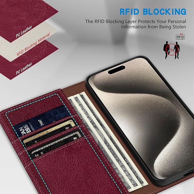 ZZXX for iPhone 15 Pro Max Wallet Case with [RFID Blocking] Card Slot Stand Strong Magnetic Leather Flip Fold Protective Phone Case for iPhone 15 Pro Max Case Wallet(Wine Red-6.7 inch)