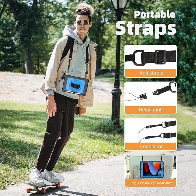 Case for iPad 9th/8th/7th Generation-Built-in Screen Protector,with Pencil Holder&360°Rotating Hand Strap,Shoulder Strap,Case for iPad 10.2 inch 2021-2019(Black/Sky Blue)