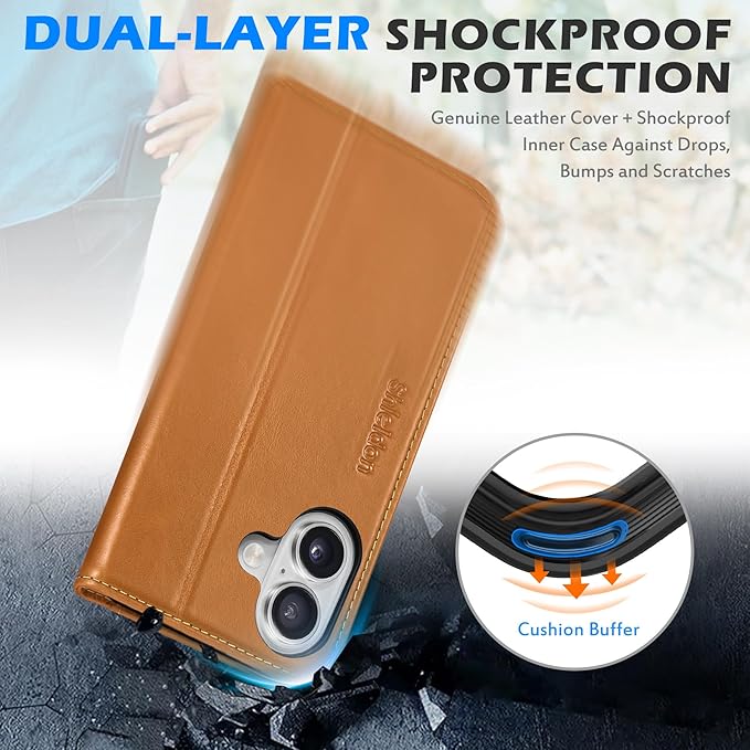 SHIELDON Leather Wallet Case for iPhone 17 5G 6.3" 2025 | RFID Blocking Credit Card Holder, Magnetic Closure, Kickstand, Folio Design, Shockproof Full Protective Cover - Retro Light Brown