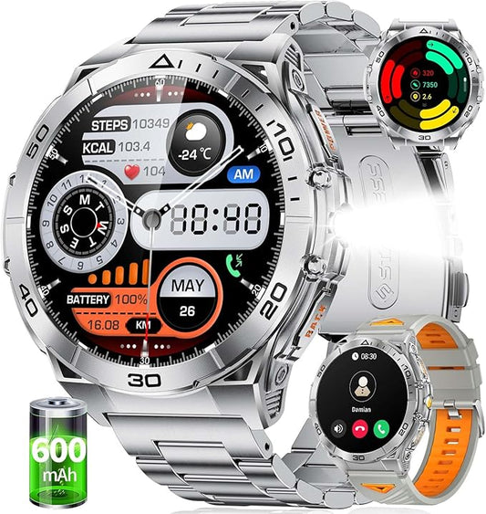 EF16 Smart Watch for Men with Bluetooth Call, 1.6" AMOLED Fitness Tracker Watches, 600mAh Battery/2 Straps/100+ Sports/IP68 Waterproof/LED Flashlight Smartwatch for Android iPhone Compatible