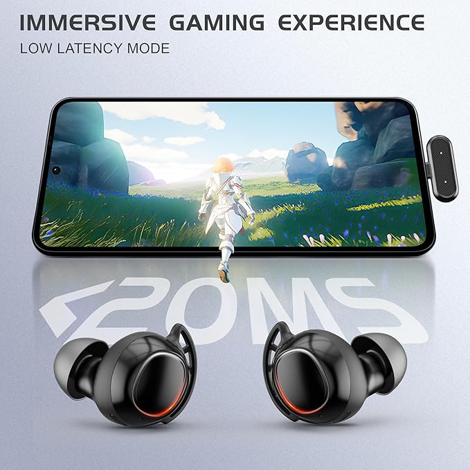 IAMJOY Gaming Earbuds, 20ms Low Latency, Wireless Game Earbuds with LED Display, 90H Play Time, 2.4GHz & Bluetooth, Noise-Canceling Mic Compatible with Meta Quest, PS5/4, VR, Switch, PC