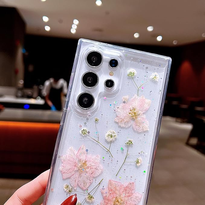 Compatible with Samsung Galaxy S24 Ultra Case Cute Pressed Dried Real Flowers Design Women Girly Shockproof Hard PC+ TPU Bumper Floral Phone Cover for Galaxy S24 Ultra (Light Pink)