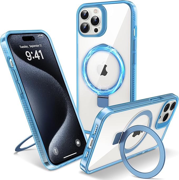 Magnetic Case for iPhone 15 Pro Max - [Built-in Invisible Stand] [Compatible with MagSafe] [Military Grade Drop Protection] Anti-Yellowing Hard Back Silicone Edge Cover, 6.7", Clear Blue
