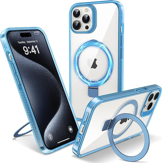 Magnetic Case for iPhone 15 Pro - [Built-in Invisible Stand] [Compatible with MagSafe] [Military Grade Drop Protection] Anti-Yellowing Hard Back Silicone Edge Cover, 6.1", Clear Blue