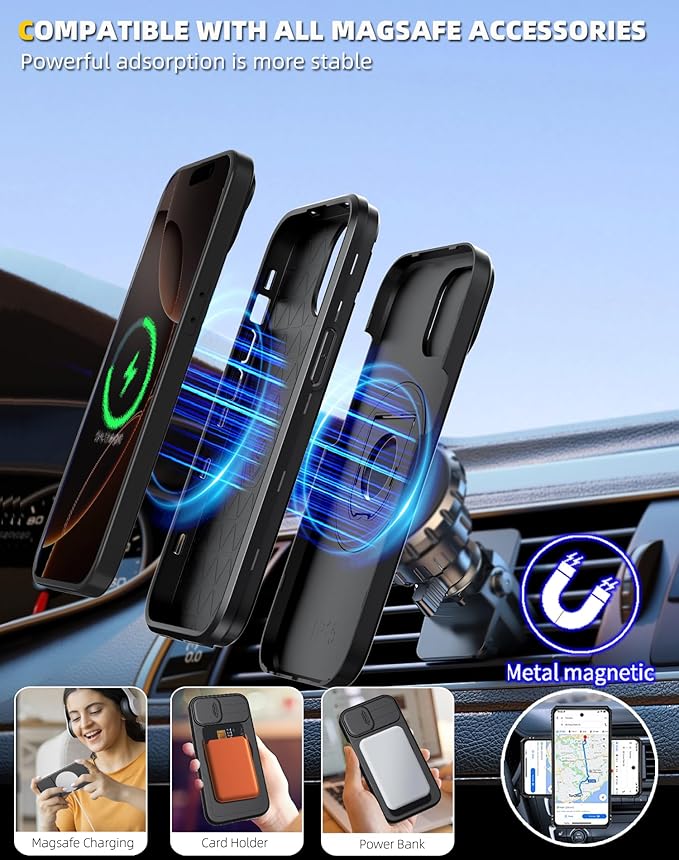 for iPhone 16 Pro Case Magnetic Compatible with MagSafe Wireless Charging with 2Screen Protectors,Case Built-in Kickstand Ring Camera Heavy Duty Protection Military Grade Drop Shockproof Black