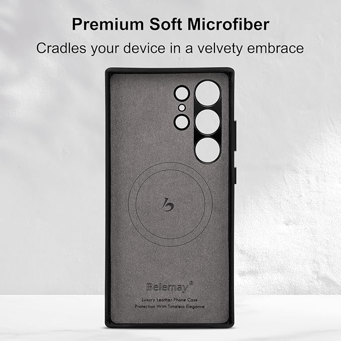 Belemay Leather Case for Samsung Galaxy S24 Ultra Compatible with Magsafe - Premium Crazy Horse Leather [Vintage Aesthetics] Unique Patina, Comfort Grip, Metal Buttons, Soft Cover (6.8") Antique Black