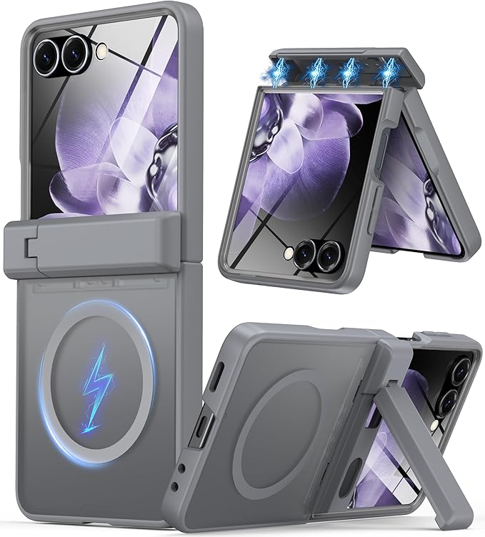 for Samsung Galaxy Z Flip 7 Case Compatible with Magsafe [Hinge Protection＆ Kickstand][Built-in Front Screen Protector] 15FT Military Shockproof Full Body Phone Case for Galaxy Z Flip 7 (Gray)