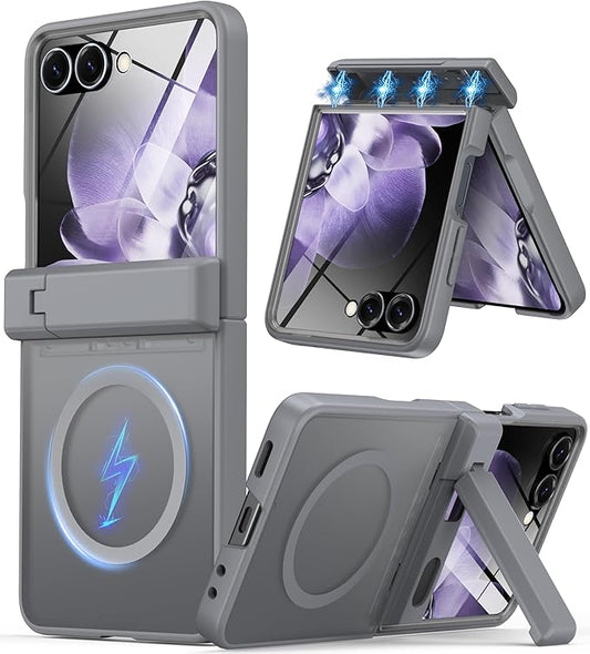 for Samsung Galaxy Z Flip 7 Case Compatible with Magsafe [Hinge Protection＆ Kickstand][Built-in Front Screen Protector] 15FT Military Shockproof Full Body Phone Case for Galaxy Z Flip 7 (Gray)