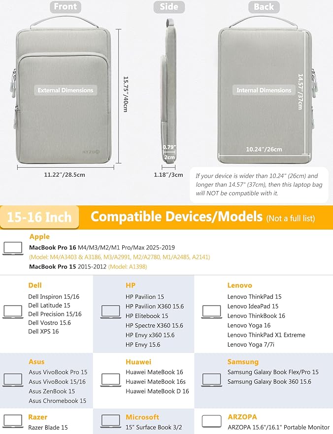 HYZUO 15-16 Inch Laptop Bag Sleeve for MacBook Pro 16 M4 M3 M2 M1 2025-2019, 15" Surface Book, Notebook Case for 15" 15.6" Dell HP Lenovo ThinkBook Asus Acer Samsung Huawei, Light Gray