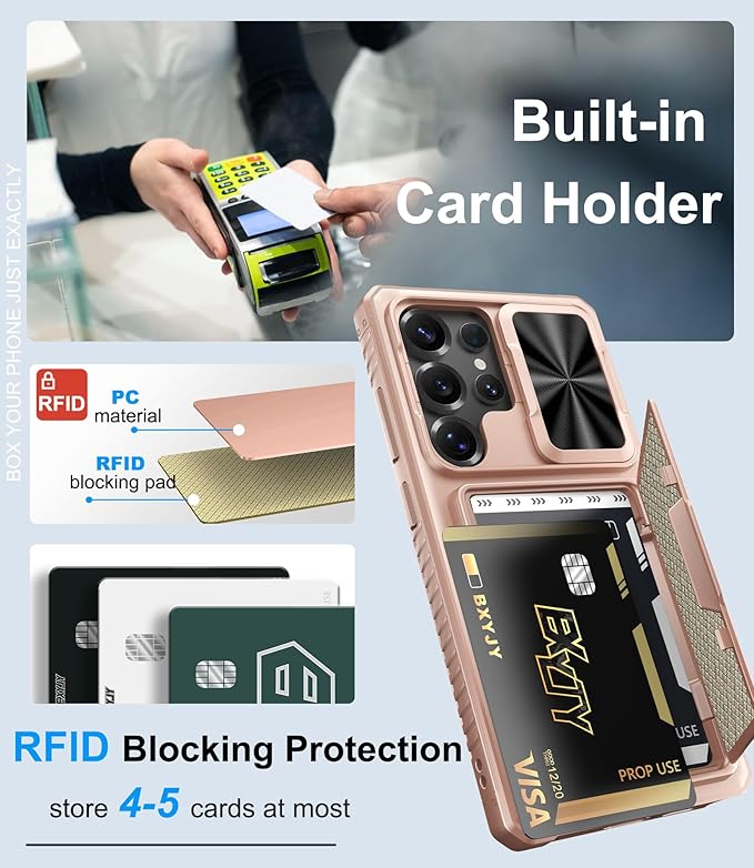 for Samsung Galaxy S25 Ultra Phone Case Wallet, Card Holder (4-5 Cards), RFID Block, Slide Camera Cover & Military Shockproof, Heavy Duty Men Women Cases for Samsung Galaxy S25 Ultra, Rose Gold