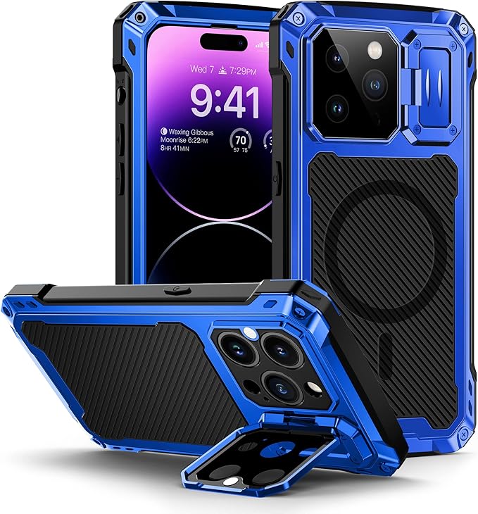 Lanhiem for iPhone 14 Pro Max Metal Case, [Built-in Camera Kickstand & Tempered Glass Screen Protector] Protective Rugged Heavy Duty Full Body Magsafe Military Cover for iPhone 14 Pro Max 6.7"(Blue)