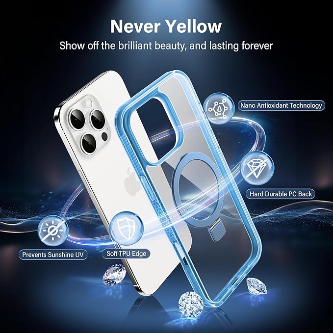 Magnetic Case for iPhone 16 Pro - [Built-in Invisible Stand] [Compatible with MagSafe] [Military Grade Drop Protection] Anti-Yellowing Hard Back Silicone Edge Cover, 6.3", Clear Blue