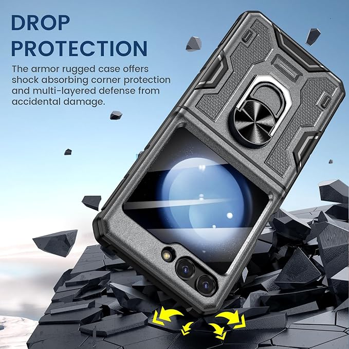 VEGO for Galaxy Z Flip 5 Case with Stand, 360°Ring Magnetic Ring Kickstand & Belt Clip Holster & Camera Screen Protector & Hinge Protection, Shockproof Cover - Grey