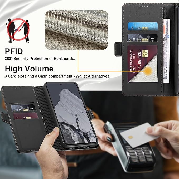 Wallet Flip Case for Google Pixel 8 Pro - [RFID Blocking] Luxury PU Leather Card Holder Magnetic Phone Cover with Kickstand,Shockproof Protective Case,Black