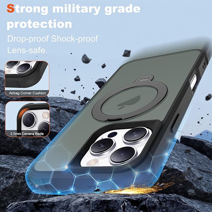 Compatible with iPhone 16 Pro Case with Invisible Magnetic 360°Spin Stand,Military-Grade Shockproof Protection [Compatible with Mag-Safe] Non-Slip Edge Translucent Case (6.3",Black)