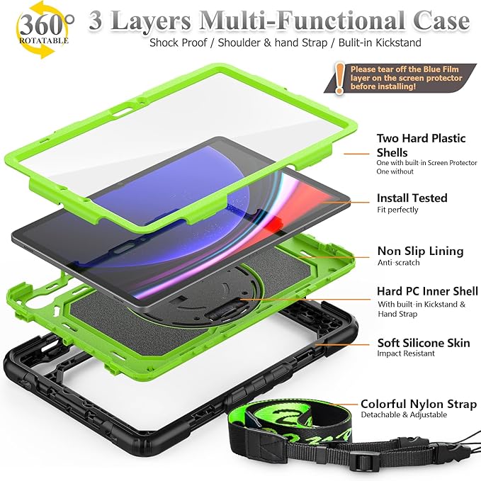 SEYMAC stock Case for Samsung Galaxy Tab S10 Lite / S10 FE / S9 FE 5G / S9 Tablet Case 10.9''/ 11'' Protective with Screen Protector, Pen Holder, 360 Rotate Stand, Hand Strap, Shoulder Strap, Green1