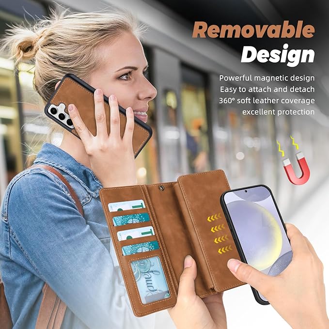 TwoHead for Samsung Galaxy S24 Plus Wallet Case with Card Holder,Detachable Magnetic Phone Case for Galaxy S24 Plus,PU Leather All-Round Protective Phone Cover Wallet with Strap(6.6 in, Brown)