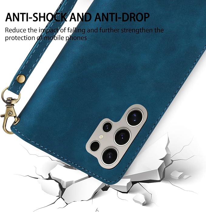 ZZXX for Samsung Galaxy S24 Ultra Wallet Case with RFID Blocking Card Slot PU Leather Zipper Flip Folio with Strap Kickstand Protective Cover for Samsung Galaxy S24 Ultra Case Wallet(Blue-6.8 inch)