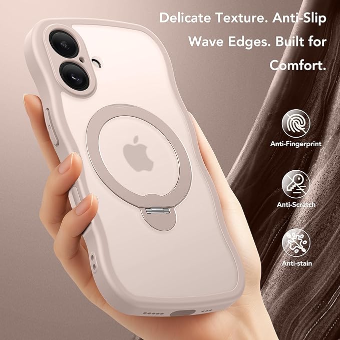 for iPhone 16 Case, [Compatible with Magsafe][360° Spin Magnetic Stand][Military-Grade Protection][Camera Control][Cute Wave Edge] Translucent Matte Women Phone Cover for iPhone 16, Rose Gold