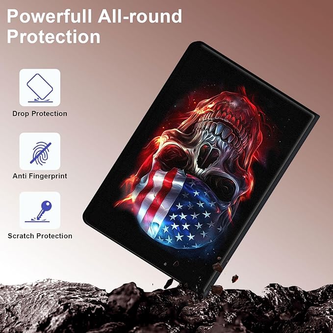Case for Samsung Galaxy Tab A9+/A9 Plus 11” 2023 Model (SM-X210/X216/X218), Slim PU Leather Stand Cover with Auto Wake/Sleep, Multi-Angle Viewing & Shockproof, Skull American Flag
