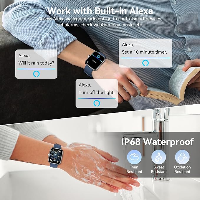 Smart Watch with Alexa Built-in, 1.83" HD Touchscreen Fitness Tracker, Bluetooth Notifications/Calls, IP68 Waterproof, 120+ Sport Modes, 24/7 Heart Rate & Sleep Monitor for iPhone Android iOS (Blue)