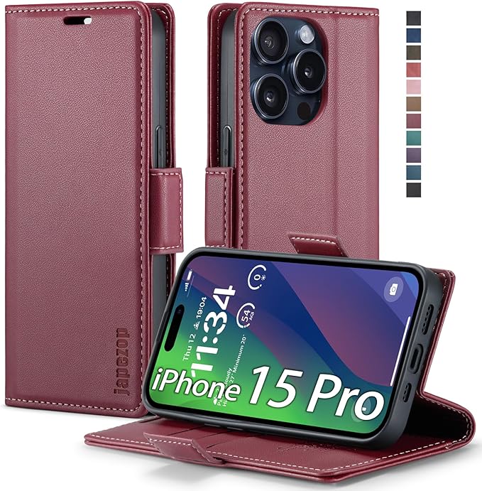 japezop iPhone 15 Pro 5G Wallet Case with [RFID Blocking],Card Holder Kickstand Magnetic,Leather Flip Case Wallet for iPhone 15 Pro 5G 6.1 Inch (Fashion Red)