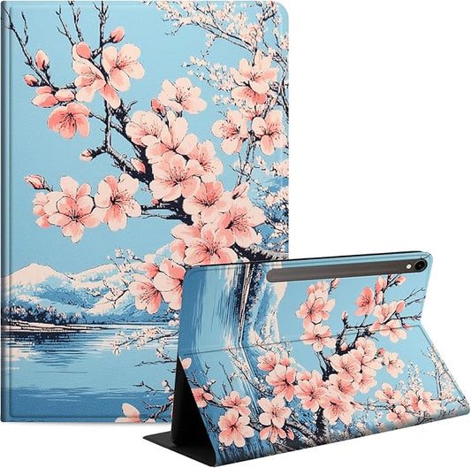 Case for Samsung Galaxy Tab S10 FE/ S9 FE 5G 10.9 Inch/Tab S9 11 Inch, Slim PU Leather Stand Cover with Auto Wake/Sleep, Multi-Angle Viewing & Shockproof, Peach Blossoms