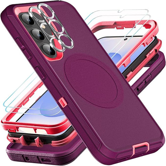 for Samsung Galaxy S25 Case, ONLY, [NOT FIT Galaxy S25 Edge/S25 Plus/S25 Ultra], Compatible with Magsafe, with 2Pcs Tempered Glass Screen Protector & Camera Lens Protector (New-Purple/Pink)
