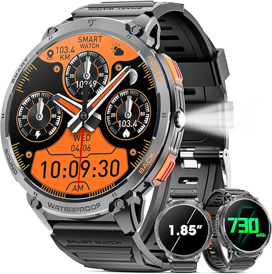 Military Smart Watch for Men 1.85" HD Touch Screen 730mAh Battery Smart Watches with LED Flashlight for Android iOS （Bluetooth Call Answer/Dial Calls） Fitness Tracker with Heart Rate Blood