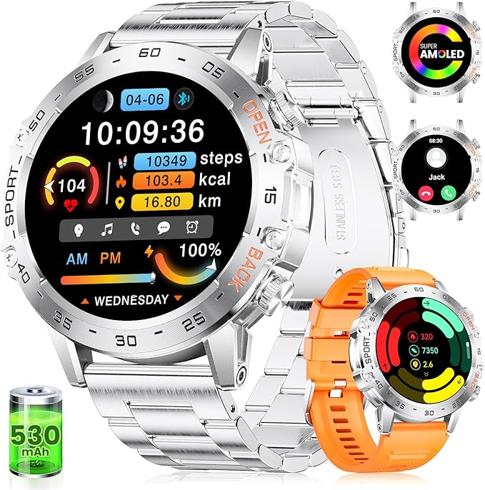 Military Smart Watch for Men(Answer/Dial Calls),1.43'' AMOLED/100 Sports Modes, 5ATM Waterproof Fitness Watch with Heart Rate/SpO2/pedometer for Android and iOS,Round Smartwatch Silver Steel