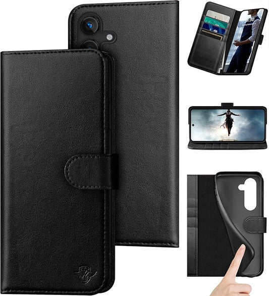 Compatible with Samsung Galaxy S25 Genuine Leather Wallet case【RFID Blocking】【4 Credit Card Holder】【Real Leather】 Flip Folio Book Phone case Cover Women Men for Samsung S25 case Black
