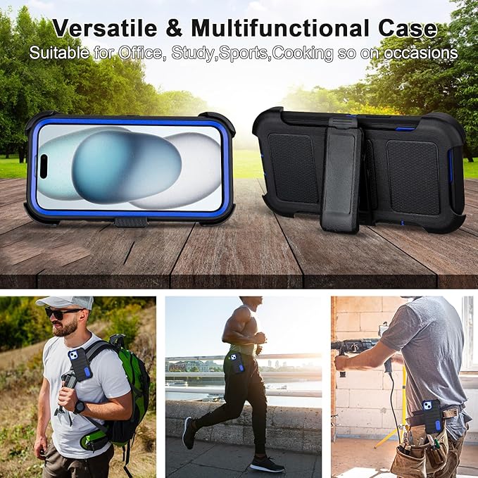 for Rugged iPhone 15 Case with Belt Clip Holster, Military Grade Heavy Duty Shockproof Cover for iPhone15 Case Protective with Stand 6.1 Inch (Black+Blue)