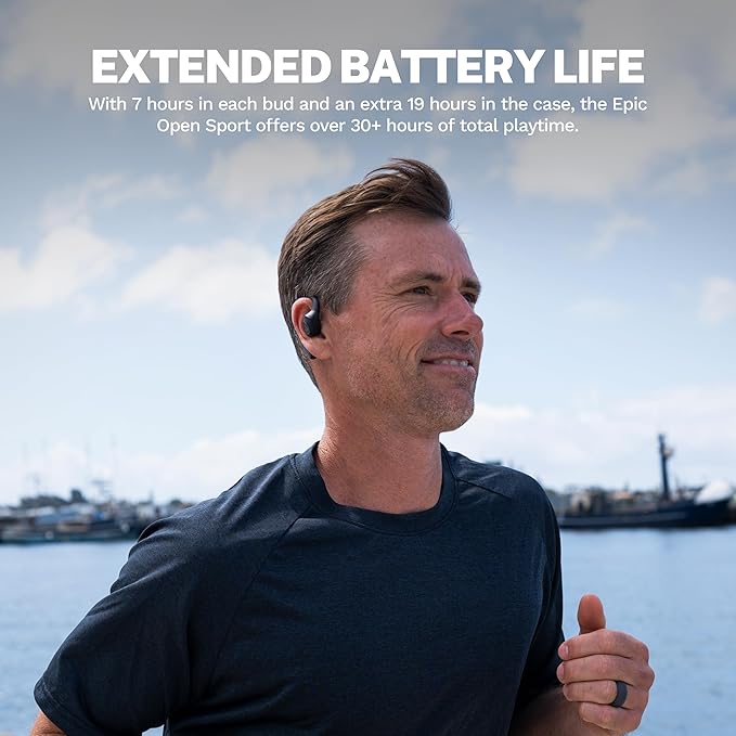 JLab Epic Open Sport Earbuds, Black, Wireless Open-Ear Audio Freedom Effortless Fit, Safe Listening, Bluetooth Multipoint, Customize with The App