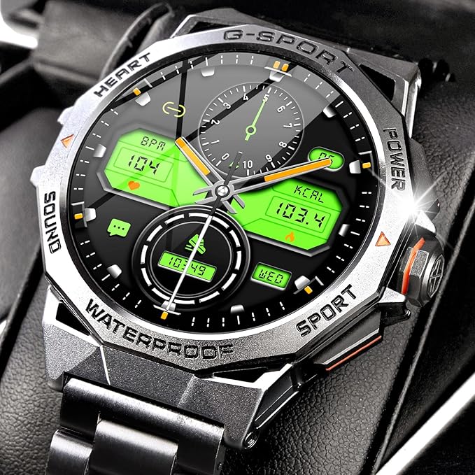 Military Smart Watch for Men with 1.43'' AMOLED Always On Display Watch 300mAh Battery Rugged Smartwatch with Heart Rate Blood Oxygen Sleep Monitor Fitness Tracker for iPhone Android (Stainless Steel)