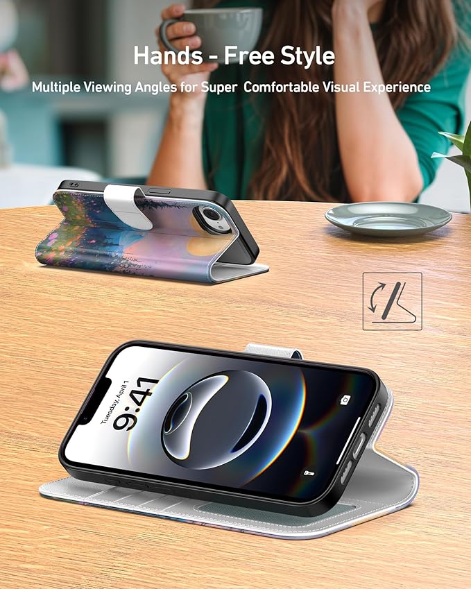 DEENAKIN for iPhone 16e Wallet Case with Card Holder + Cash Clip, RFID-Blocking, Military-Grade Drop Protection, Magnetic Closure with Leather Kickstand - Mountain Blossom Glow