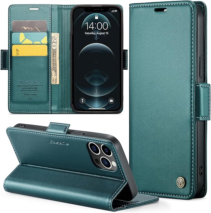 for iPhone 12 Pro Max Case, Premium PU Leather Wallet Case Flip Cover with [RFID Blocking][Card Holder][Stand Function] Shockproof Protective for iPhone 12 Pro Max, Blue-Green