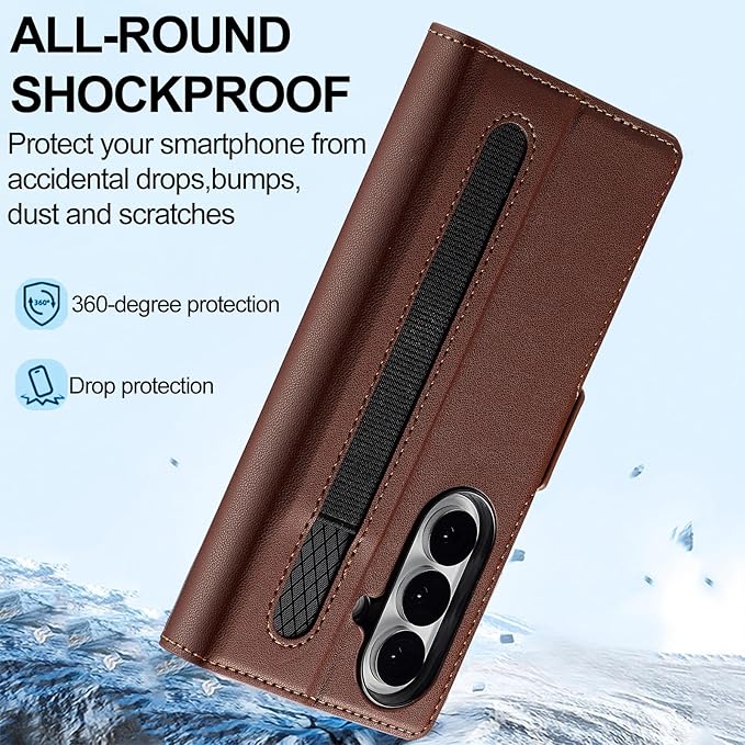 HXY Wallet Case for Samsung Galaxy Z Fold 7 with S Pen Holder, PU Leather Magnetic Flip Case for Men Women with Card Holder Kickstand Shockproof Protection Case for Galaxy Z Fold 7 2025 (Brown)