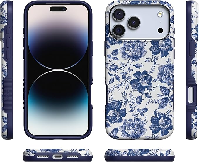 Casely iPhone 17 Pro Case | Rose to Fame | Blue & White Rose Floral | Compatible with MagSafe | Bold Protective Design